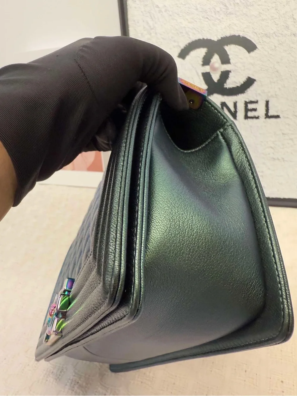 CHANEL LeBoy Iridescent Green Quilted Goatskin Flap Bag with Multicolor Hardware